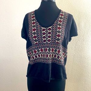 Madewell black womens short sleeve top with cute embroidery design boho chic